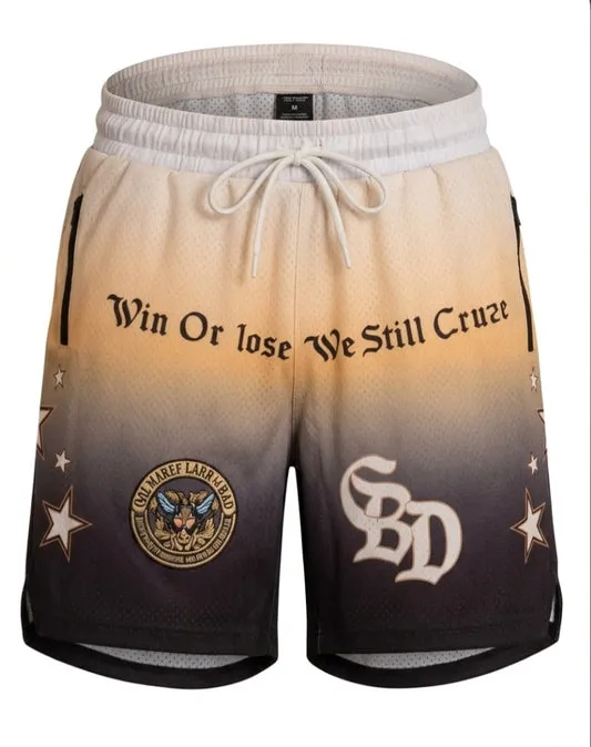 Gradient streetwear shorts with Cruze and CBD graphics