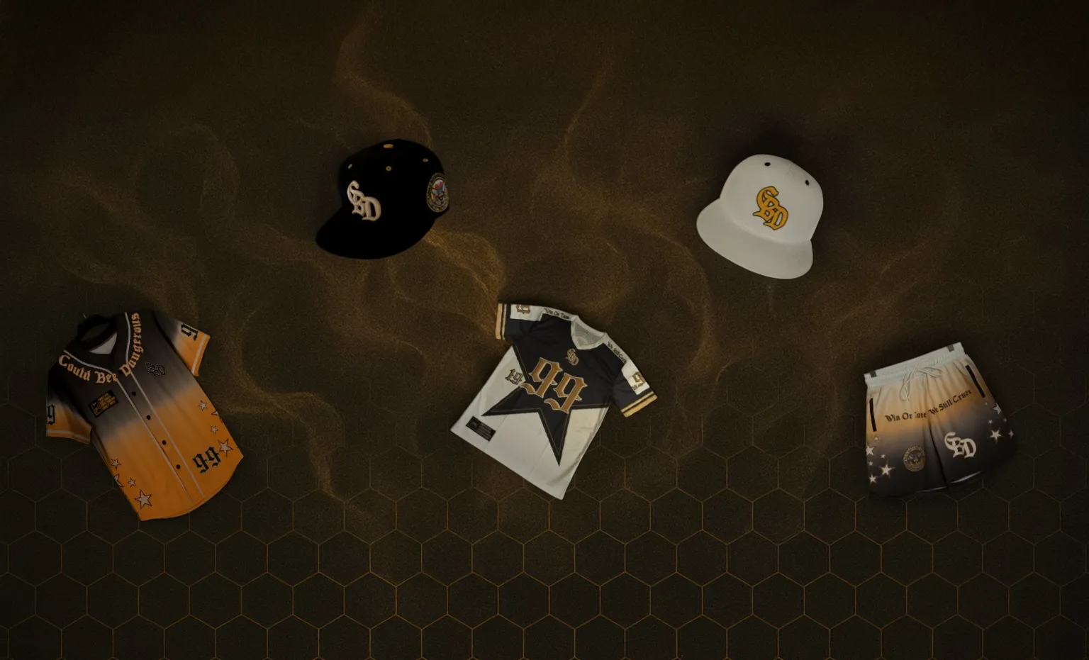 Limited-drop jerseys, caps and shorts arranged on a dark honeycomb background