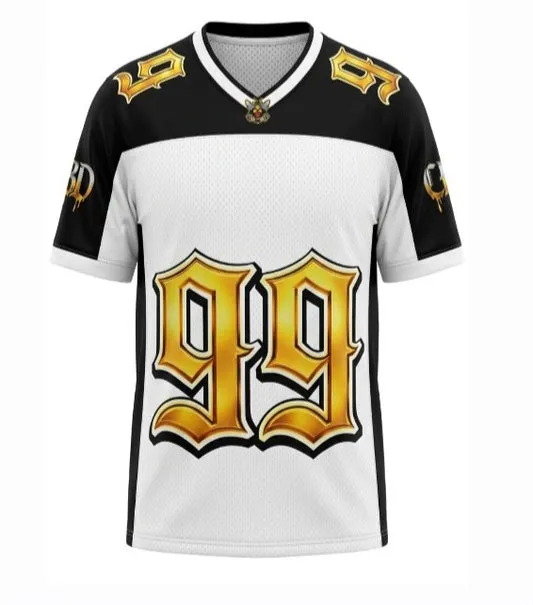 White and black jersey with a bold gold 99 graphic